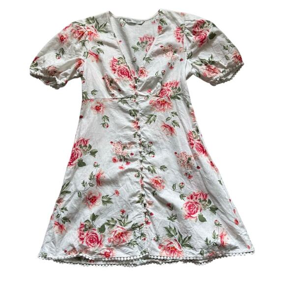 Zara Linen Floral Button Down Eyelet Hem Dress Size Small - Picture 1 of 15